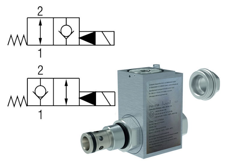 2/2 vestavné sedlové ventily v provedení ATEX, IECEx, ovládané elektromagnetem, nepřímo řízené, s ochranou "d"